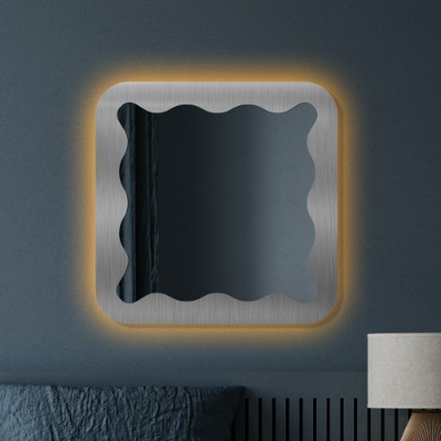LED 미디움 물결 스틸 실버 스텐 미드센추리 인테리어 벽거울 | 개인 맞춤 주문 제작 가능